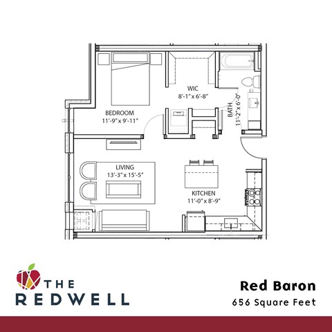 A floor plan for a 656 square foot home with a living room, kitchen, and two bedrooms.